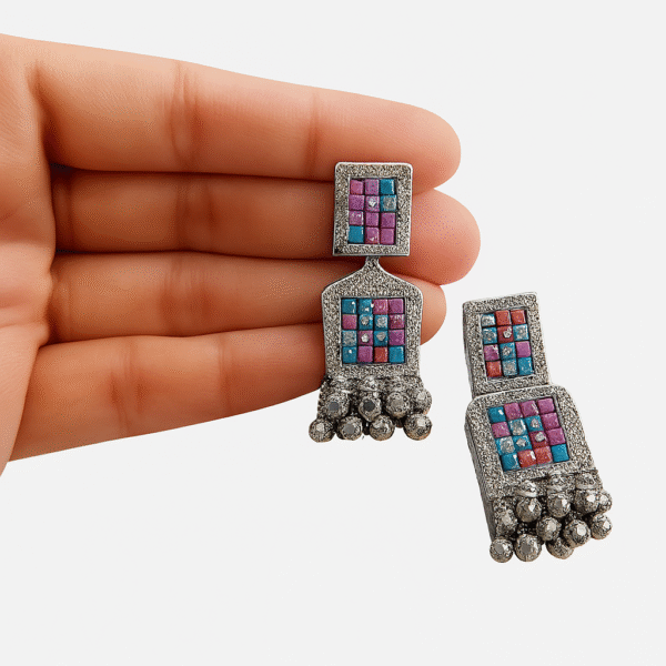 Radiant Charm Earrings – Silver-Toned & Multicolor Gemstones - Image 2